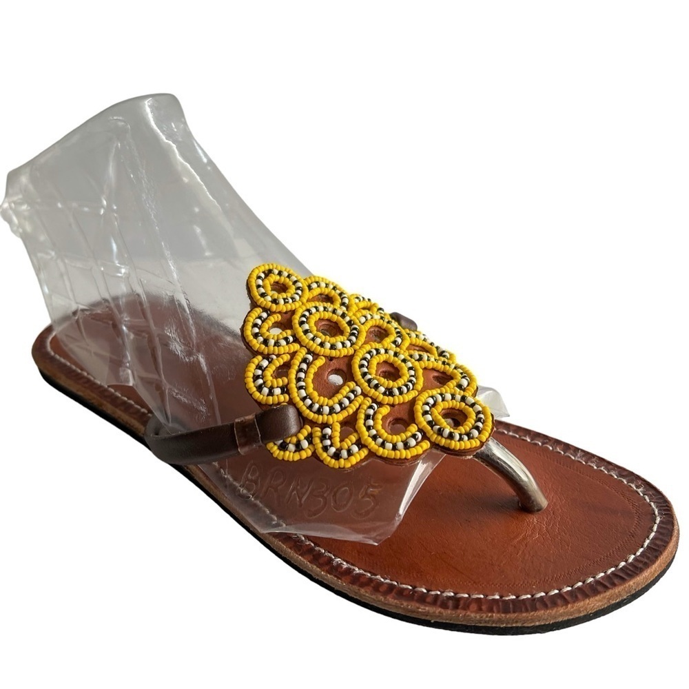 Women's Beaded Shield Leather Thong Sandals Size 8